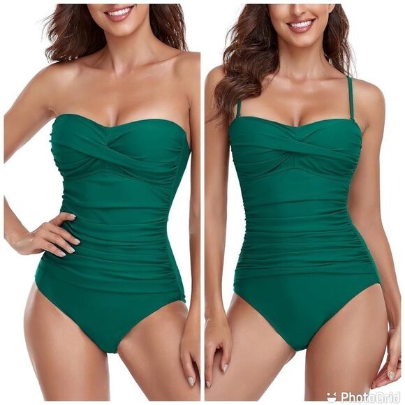 RELLECIGA Tummy Control Swimwear Strapless One Piece Swimsuit Ruched Swimsuit - Picture 1 of 14